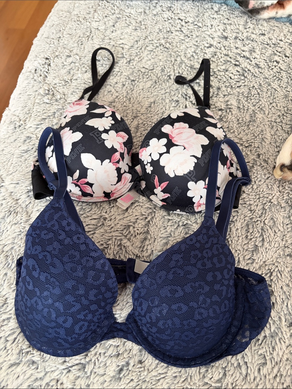 PINK Victoria's Secret Black Floral & Navy Leopard Push-Up Bra Set